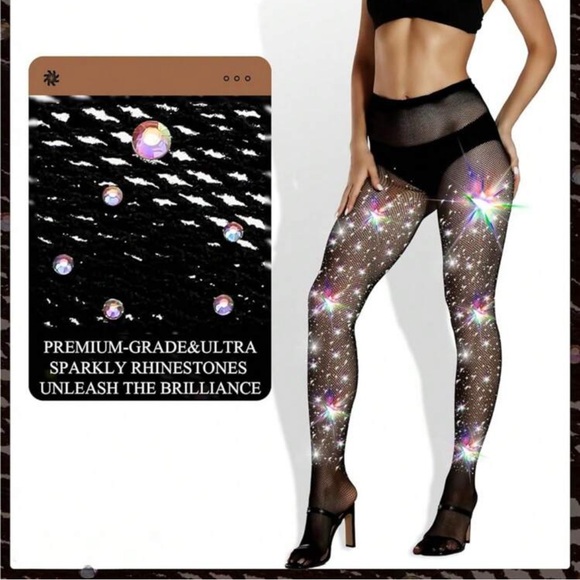 Women Black Ultra-Durable Sparkly Tight Glitter Rhinestone Fishnets Stockings - Picture 4 of 4